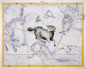 Constellation of Aries, deska 4 z „Atlas Coelestis“, od Johna Flamsteeda (1646-1710), vydané v roce 1729 (ručně kolorovaná rytina)